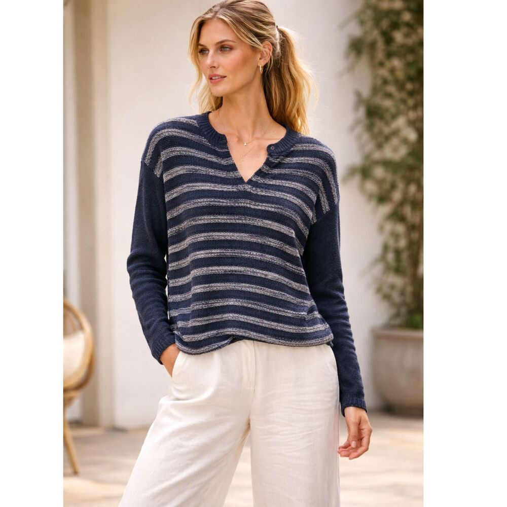 Brochu Walker Linen Split Neck Striped Sweater S